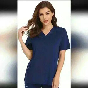COMENII | Women's Navy  Two Pocket Sporty Quick-Dry V-Neck Scrub Top
